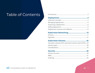 1
THE BEGINNER’S GUIDE TO KUBERNETES
Table of Contents Introduction..................................................................................2
Deployments...........................................................4
Important concepts.....................................................................5
Managing deployments..............................................................6
Inspecting a deployment............................................................8
Rolling deployment......................................................................9
Deployment revisions and rollbacks.......................................12
Kubernetes Networking.......................................14
Services.......................................................................................17
Ingresses.....................................................................................21
Kubernetes Volumes............................................26
Persistent volumes (PV) / persistent volume claims (PVC)....29
Volume types..............................................................................30
Considerations...........................................................................35
Security..................................................................36
Service accounts........................................................................39
RBAC............................................................................................41
Audit log......................................................................................45
 
