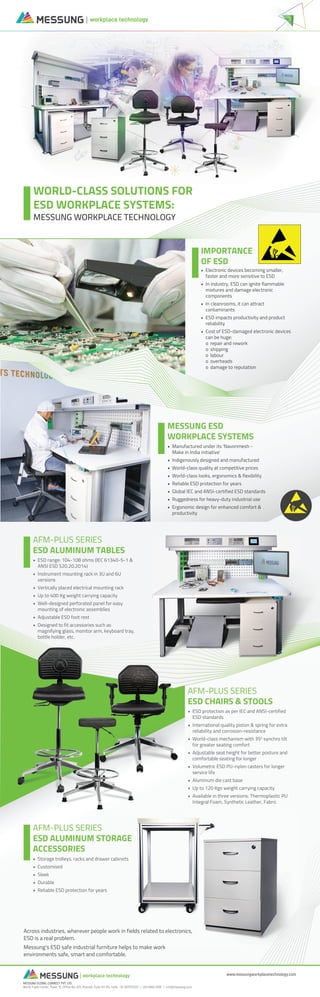 workplace technology
www.messungworkplacetechnology.com
MESSUNG GLOBAL CONNECT PVT. LTD.
World Trade Center, Tower ‘B’, Office No. 420, Kharadi, Pune 411 014, India. +91 9970733337 | 020 6649 2800 | info@messung.com
WORLD-CLASS SOLUTIONS FOR
ESD WORKPLACE SYSTEMS:
MESSUNG WORKPLACE TECHNOLOGY
• Manufactured under its 'Navonmesh -
Make in India initiative'
• Indigenously designed and manufactured
• World-class quality at competitive prices
• World-class looks, ergonomics & flexibility
• Reliable ESD protection for years
• Global IEC and ANSI-certified ESD standards
• Ruggedness for heavy-duty industrial use
• Ergonomic design for enhanced comfort &
productivity
MESSUNG ESD
WORKPLACE SYSTEMS
• ESD range: 104-108 ohms (IEC 61340-5-1 &
ANSI ESD S20.20.2014)
• Instrument mounting rack in 3U and 6U
versions
• Vertically placed electrical mounting rack
• Up to 400 Kg weight carrying capacity
• Well-designed perforated panel for easy
mounting of electronic assemblies
• Adjustable ESD foot rest
• Designed to fit accessories such as
magnifying glass, monitor arm, keyboard tray,
bottle holder, etc.
AFM-PLUS SERIES
ESD ALUMINUM TABLES
• Storage trolleys, racks and drawer cabinets
• Customised
• Sleek
• Durable
• Reliable ESD protection for years
AFM-PLUS SERIES
ESD ALUMINUM STORAGE
ACCESSORIES
Across industries, wherever people work in fields related to electronics,
ESD is a real problem.
Messung's ESD safe industrial furniture helps to make work
environments safe, smart and comfortable.
• Electronic devices becoming smaller,
faster and more sensitive to ESD
• In industry, ESD can ignite flammable
mixtures and damage electronic
components
• In cleanrooms, it can attract
contaminants
• ESD impacts productivity and product
reliability
• Cost of ESD-damaged electronic devices
can be huge:
o repair and rework
o shipping
o labour
o overheads
o damage to reputation
IMPORTANCE
OF ESD
• ESD protection as per IEC and ANSI-certified
ESD standards
• International quality piston & spring for extra
reliability and corrosion-resistance
• World-class mechanism with 350
synchro tilt
for greater seating comfort
• Adjustable seat height for better posture and
comfortable seating for longer
• Volumetric ESD PU-nylon casters for longer
service life
• Aluminum die cast base
• Up to 120 Kgs weight carrying capacity
• Available in three versions: Thermoplastic PU
Integral Foam, Synthetic Leather, Fabric
AFM-PLUS SERIES
ESD CHAIRS & STOOLS
Across industries, wherever people work in fields related to electronics,
Messung's ESD safe industrial furniture helps to make work
 
