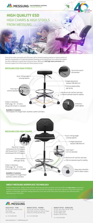 Some of the tasks associated with ESD areas call for elevated seating positions or require workers to
stand for long periods or to alternate between standing up and sitting down. As a result, their bodies
are often subjected to a great deal of physical stress. Messung’s ESD high chairs and stools with
footrests support the human body and relieve physical stress.
Under its 'Navonmesh - Make in India initiative', Messung manufactures these world-class ESD-safe task chairs and stools for
industrial and technical workplaces. If you want to ensure ESD-free seating for your lab or cleanroom; if you want to give your
workers a comfortable, ergonomic seating experience; if you want world-class chairs and stools at cost-effective prices -
Messung is your first choice.
HIGH QUALITY ESD
HIGH CHAIRS & HIGH STOOLS
FROM MESSUNG
workplace technology
esd workplace systems
1981-2021
CELEBRATING
Up to 120 kg weight
carrying capacity
Height adjustment
between 580-840 mm
Chrome-plated safety
gas spring
Aluminum die-cast five-star base
700 mm diameter base for stability
75mm thick seat of
350 diameter
Foot ring of
457mm diameter
Conductive
casters/glides
Class-4 cleanliness
ESD range: 106
- 107
ohms
As per IEC 61340-5-1 standard
Available in 3 versions:
Thermoplastic PU Integral Foam, Synthetic Leather and Fabric
MESSUNG ESD HIGH STOOLS
Height adjustment
between 580-840 mm
Up to 120 kg weight
carrying capacity
Chrome-plated
safety gas spring
Aluminum die-cast five-star base
700 mm diameter base for stability
Foot ring of
457 mm diameter
Class-4 cleanliness
ESD range: 106
- 107
ohms
As per IEC 61340-5-1 standard
Available in 3 versions:
Thermoplastic PU Integral Foam,
Synthetic Leather and Fabric
MESSUNG ESD HIGH CHAIRS
Seat tilt of 7 degrees,
and backrest tilt of 35 degrees
with forward tilt of 15 degrees
and backward tilt of 20 degrees
Heavy duty volumetric
ESD PU-Nylon casters
ABOUT MESSUNG WORKPLACE TECHNOLOGY
www.messung.com | info@messung.com
HEAD OFFICE - PUNE
501, 502 & 503 Lunkad Sky Vista,
Viman Nagar,
Pune 411 014, India.
Tel: +91 20 6649 2800
BRANCH OFFICE - MUMBAI
Unit No. 303, Third Floor, Meadows,
Sahar Plaza Complex, A.K. Road, J.B. Nagar,
Andheri (E), Mumbai 400 059, India.
Tel: +91 22 2835 5066
BRANCH OFFICE - BENGALURU
1st Floor, Manu Plaza, Plot No. 3C-902,
9th Main, Kalyan Nagar,
1st Block HRBR Layout,
Bengaluru 560 043, India.
Tel: +91 80 4228 8580
 