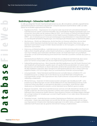 Top 10 der Datenbanksicherheitsbedrohungen




                          Bedrohung 6 – Schwacher Audit-Trail
DatabaseFileWeb
                               Es sollte grundlegender Teil jeder Datenbankimplementierung sein, alle vertraulichen und/oder ungewöhnlichen
                               Datenbanktransaktionen automatisch aufzuzeichnen. Schwache Datenbank-Audit-Richtlinien stellen auf vielen
                               Ebenen ein ernsthaftes organisatorisches Risiko dar.
                                 »	 Regulatorisches Risiko – Organisationen mit schwachen (oder manchmal nicht vorhandenen) Datenbank-
                                    Audit-Mechanismen werden zunehmend feststellen, dass sie behördlichen Regulierungsanforderungen nicht
                                    entsprechen. Vorschriften wie der Sarbanes-Oxley Act (SOX – ein US-Gesetz zur Prüfung und Dokumentation
                                    des internen Kontrollsystems) im Finanzsektor und der Health Insurance Portability and Accountability Act
                                    (HIPAA – eine US-Verordnung zum Schutz personenbezogener Gesundheitsdaten) im Gesundheitssektor sind
                                    nur zwei Beispiele behördlicher Regulierungen, die eindeutige Audit-Anforderungen an Datenbanken stellen.
                                 »	 Abschreckung – Ähnlich wie Videokameras, die die Gesichter von Personen aufzeichnen, die eine Bank
                                    betreten, dienen Datenbank-Audit-Mechanismen dazu, Angreifer abzuschrecken. Diese wissen, dass
                                    Datenbank-Audit-Aufzeichnungen Ermittlern Beweismaterialien an die Hand geben, um Eindringlingen ein
                                    Verbrechen nachzuweisen.
                                 »	 Erkennung und Wiederherstellung – Audit-Mechanismen sind die letzte Verteidigungslinie einer Datenbank.
                                    Sollte es einem Angreifer gelingen, andere Abwehrmaßnahmen zu umgehen, können Sicherheitsverletzungen
                                    nach ihrem Auftreten durch Audit-Daten identifiziert werden. Die Audit-Daten lassen sich anschließend
                                    verwenden, um die Sicherheitsverletzung einem bestimmten Anwender zuzuordnen und/oder das System zu
                                    reparieren.
                                 	   Datenbanksoftware-Plattformen verfügen in der Regel über grundlegende Audit-Merkmale, diese weisen
                                     jedoch oft mehrere Schwachstellen auf, die eine Implementierung beschränken oder ausschließen.
                                 »	 Fehlende Benutzerüberwachung – Wenn Anwender über Web-Applikationen (wie SAP, Oracle E-Business Suite
                                    oder PeopleSoft) auf Datenbanken zugreifen, lassen sich spezifische Benutzeridentitäten mit nativen Audit-
                                    Mechanismen nicht identifizieren. In diesem Fall werden sämtliche Benutzeraktivitäten dem Account-Namen
                                    der Web-Applikation zugeordnet. Wenn betrügerische Datenbanktransaktionen also in nativen Audit-Logs
                                    aufgeführt werden, ist es nicht möglich, diese zum verantwortlichen Anwender zurückzuverfolgen.
                                 »	 Leistungseinbußen – Native Datenbank-Audit-Mechanismen sind dafür bekannt, erhebliche CPU- und
                                    Festplattenressourcen zu belegen. Die mit der Aktivierung von Audit-Merkmalen einhergehenden
                                    Leistungseinbußen zwingen viele Organisationen dazu, Audit-Funktionen zurückzunehmen oder gleich
                                    vollständig zu deaktivieren.
                                 »	 Pflichtentrennung – Anwender mit Administrationsrechten (ob legitim oder böswillig beschafft – siehe
                                    Erweiterung von Berechtigungen mit dem Ziel des Mißbrauchs) für den Datenbankserver können Audit-
                                    Funktionen einfach abschalten, um betrügerische Aktivitäten zu verschleiern. Audit-Pflichten sollten
                                    idealerweise von Datenbankadministratoren und der Datenbank-Server-Plattform getrennt werden.
                                 »	 Begrenzte Granularität – Viele native Audit-Mechanismen zeichnen nicht alle erforderlichen Details auf, um
                                    Angriffe zu erkennen, den forensischen Nachweis zu führen sowie Systeme wiederherstellen zu können.
                                    Datenbank-Client-Anwendung, Quell-IP-Adressen, Query-Response-Attribute und fehlgeschlagene Abfragen
                                    (ein wichtiger Indikator für Ausspähungen vor einem Angriff ) werden z. B. von vielen nativen Mechanismen
                                    nicht aufgezeichnet.
                                 »	 Proprietäre Formate – Audit-Mechanismen einzelner Datenbankserver-Plattformen unterscheiden sich
                                    voneinander – Oracle-Logs unterscheiden sich von MS-SQL, MS-SQL-Logs unterscheiden sich von Sybase
                                    usw. Organisationen mit gemischten Datenbankumgebungen ist es daher nahezu unmöglich, einheitliche,
                                    skalierbare Audit-Prozesse über das gesamte Unternehmen hinweg zu implementieren.




         Imperva White Paper
                                                                                                                                                 <   8   >
 