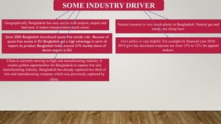 SOME INDUSTRY DRIVER
Geographically Bangladesh has easy access with seaport, airport and
land port. It makes transportation much easier.
Since 2005 Bangladesh introduced quota free textile rule . Because of
quota free access in EU Bangladesh get a high advantage in term of
export its product. Bangladesh holds around 21% market share of
denim export in EU
China is currently moving to high end manufacturing industry. It
creates golden opportunities for Bangladesh to capture low end
manufacturing industry. Bangladesh has already captured two third of
low-end manufacturing company which was previously captured by
china.
Natural resource is very much plenty in Bangladesh. Natural gas and
energy are cheap here.
Govt policy is very helpful. For example-In financial year 2018-
2019 govt has decreased corporate tax from 15% to 12% for apparel
makers.
 