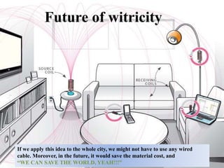 Future of witricity
If we apply this idea to the whole city, we might not have to use any wired
cable. Moreover, in the future, it would save the material cost, and
“WE CAN SAVE THE WORLD, YEAH!!!”
 