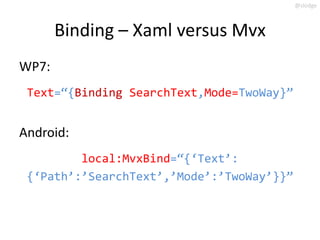 @slodge



       Binding – Xaml versus Mvx
WP7:
 Text=‚{Binding SearchText,Mode=TwoWay}‛


Android:
         local:MvxBin...