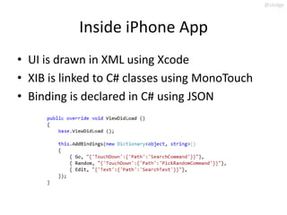 @slodge



           Inside iPhone App
• UI is drawn in XML using Xcode
• XIB is linked to C# classes using MonoTouch
• B...