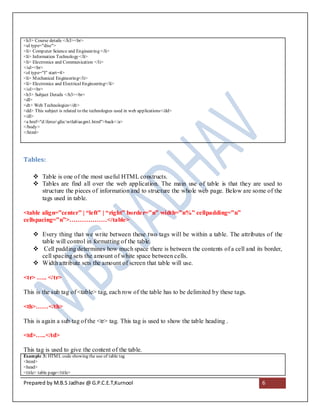 <h3> Course details </h3><br>
<ul type="disc">
<li> Computer Science and Engineering </li>
<li> Information Technology</li>
<li> Electronics and Communication </li>
</ul><br>
<ol type="I" start=4>
<li> M echanical Engineering</li>
<li> Electronics and Electrical Engineering</li>
</ol><br>
<h3> Subject Details </h3><br>
<dl>
<dt> Web Technologies</dt>
<dd> This subject is related to the technologies used in web applications</dd>
</dl>
<a href="d:ferozgfecwtlabas gm1.html">back< /a>
</body>
</html>




Tables:

     Table is one of the most useful HTML constructs.
     Tables are find all over the web application. The main use of table is that they are used to
      structure the pieces of information and to structure the whole web page. Below are some of the
      tags used in table.

<table align=”center” | “left” | “right” borde r=”n” width=”n%” cellpadding=”n”
cellspacing=”n”>………………</table>

     Every thing that we write between these two tags will be within a table. The attributes of the
      table will control in formatting of the table.
     Cell padding determines how much space there is between the contents of a cell and its border,
      cell spacing sets the amount of white space between cells.
     Width attribute sets the amount of screen that table will use.

<tr> ….. </tr>

This is the sub tag of <table> tag, each row of the table has to be delimited by these tags.

<th>……</th>

This is again a sub tag of the <tr> tag. This tag is used to show the table heading .

<td>…..</td>

This tag is used to give the content of the table.
Example 3: HTM L code showing the use of table tag
<html>
<head>
<title> table page</title>

Prepared by M.B.S Jadhav @ G.P.C.E.T,Kurnool                                                   6
 