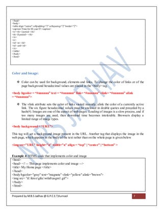 </head>
<body>
<table align="center" cellpadding="2" cellspacing="2" border="2">
<caption>Time for III year IT</caption>
<tr><th> I period </th>
<th> II peiord> </th>
</tr>
<tr>
<td> wt </td>
<td> uml</td>
</tr>
</table>
</body>
</html>




Color and Image:

     Color can be used for background, elements and links. To change the color of links or of the
      page background hexadecimal values are placed in the <body> tag.

<body bgcolor = “#nnnnnn” text = “#nnnnnn” link= “#nnnnnn” vlink= “#nnnnnn” alink
= “#nnnnnn”>

     The vlink attribute sets the color of links visited recently, alink the color of a currently active
      link. The six figure hexadecimal values must be enclosed in double quotes and preceded by a
      hash(#). Images are one of the aspect of web pages. Loading of images is a slow process, and if
      too many images are used, then download time becomes intolerable. Browsers display a
      limited range of image types.

<body background = “URL”>

This tag will set a background image present in the URL. Another tag that displays the image in the
web page, which appears in the body of the text rather than on the whole page is given below

<img src=”URL” height=”n” width=”n” align = “top” | “cente r” | “bottom” >


Example 4: HTML code that implements color and image
<html>
<head> <! -- This page implements color and image -->
<title> My Home page </title>
</head>
<body bgcolor="gray" text="magneta" vlink="yellow" alink="brown">
<img src= ”d:ferozgfecwtlabasgm1.gif”>
</body>
</html>


Prepared by M.B.S Jadhav @ G.P.C.E.T,Kurnool                                                    7
 
