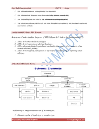 Sub: Web Programming                                           UNIT-3        Notes
      XML Schema Provides the building block of XML document

      XML Schema allows developer to use data types(String,Boolean,numeric,date)

      XML schema language also called as Xml Schema definition language(XSDL)

      The schema also specifies the structure that those documents must adhere to and the type of content that
       each element can hold.



Limitations of DTD over XML Schema:

As a means of understanding the power of XML Schema, let's look at the limitations of DTD.

   1. DTDs do not have built-in datatypes.
   2. DTDs do not support user-derived datatypes.
   3. DTDs allow only limited control over cardinality (the number of occurrences of an
      element within its parent).
   4. DTDs do not support Namespaces or any simple way of reusing or importing other
      schemas.




XML Schema Elements Types:




The following is a high-level overview of Schema types.

   1. Elements can be of simple type or complex type.

Prepared by BHAVSINGH MALOTH                                                    bhavsinghit@gmail.com
 