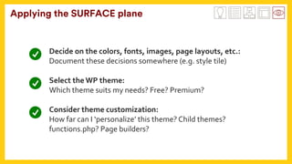 Applying the SURFACE plane
Decide	on	the	colors,	fonts,	images,	page	layouts,	etc.:		
Document	these	decisions	somewhere	(e.g.	style	tile)	
	
Select	the	WP	theme:	
Which	theme	suits	my	needs?	Free?	Premium?	
	
Consider	theme	customization:	
How	far	can	I	‘personalize’	this	theme?	Child	themes?	
functions.php?	Page	builders?	
 
