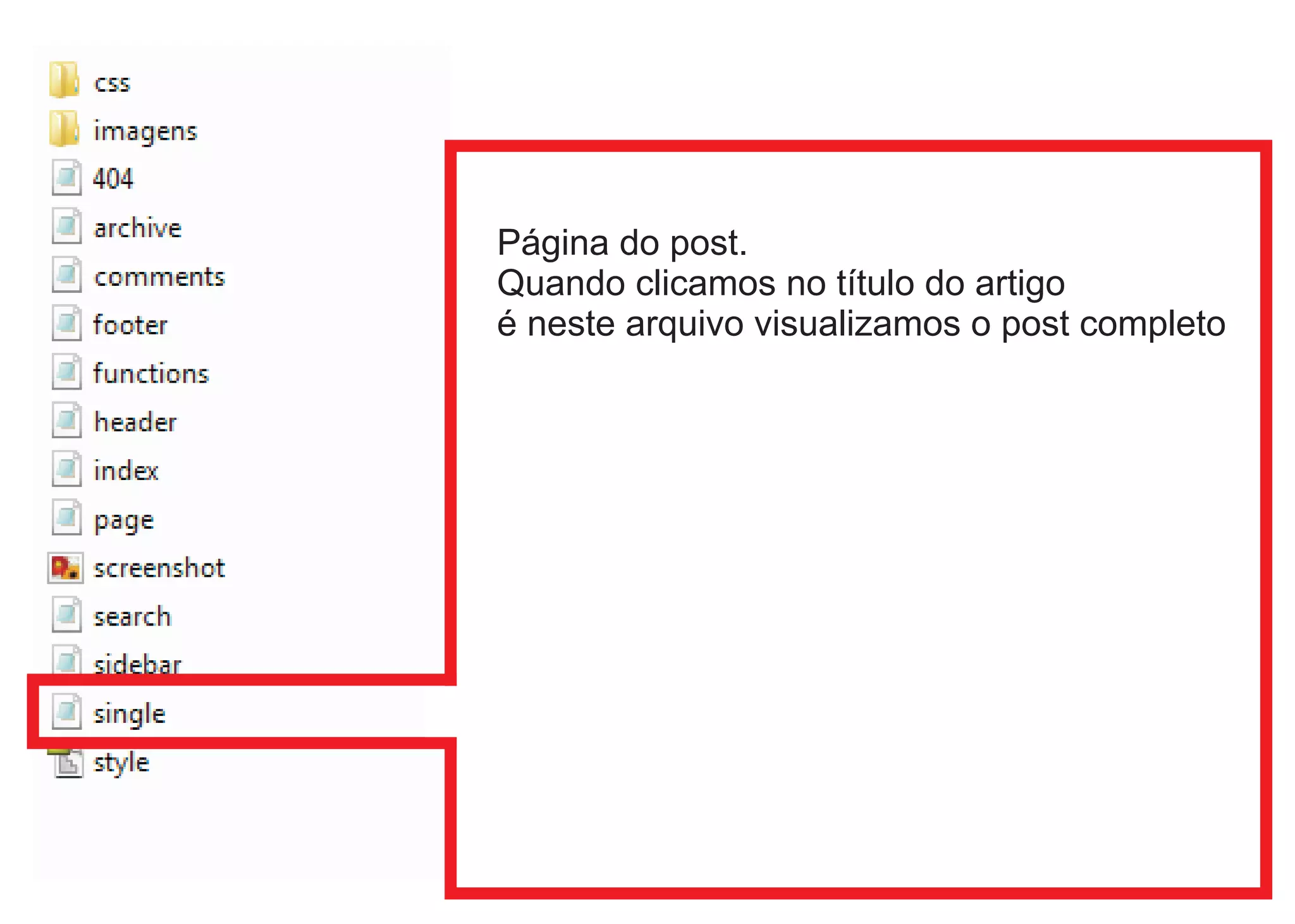 Página do post.
Quando clicamos no título do artigo
é neste arquivo visualizamos o post completo
 