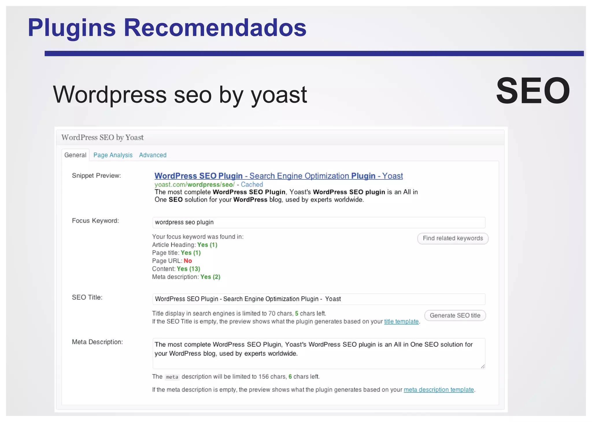 Plugins Recomendados

 Wordpress seo by yoast   SEO
 