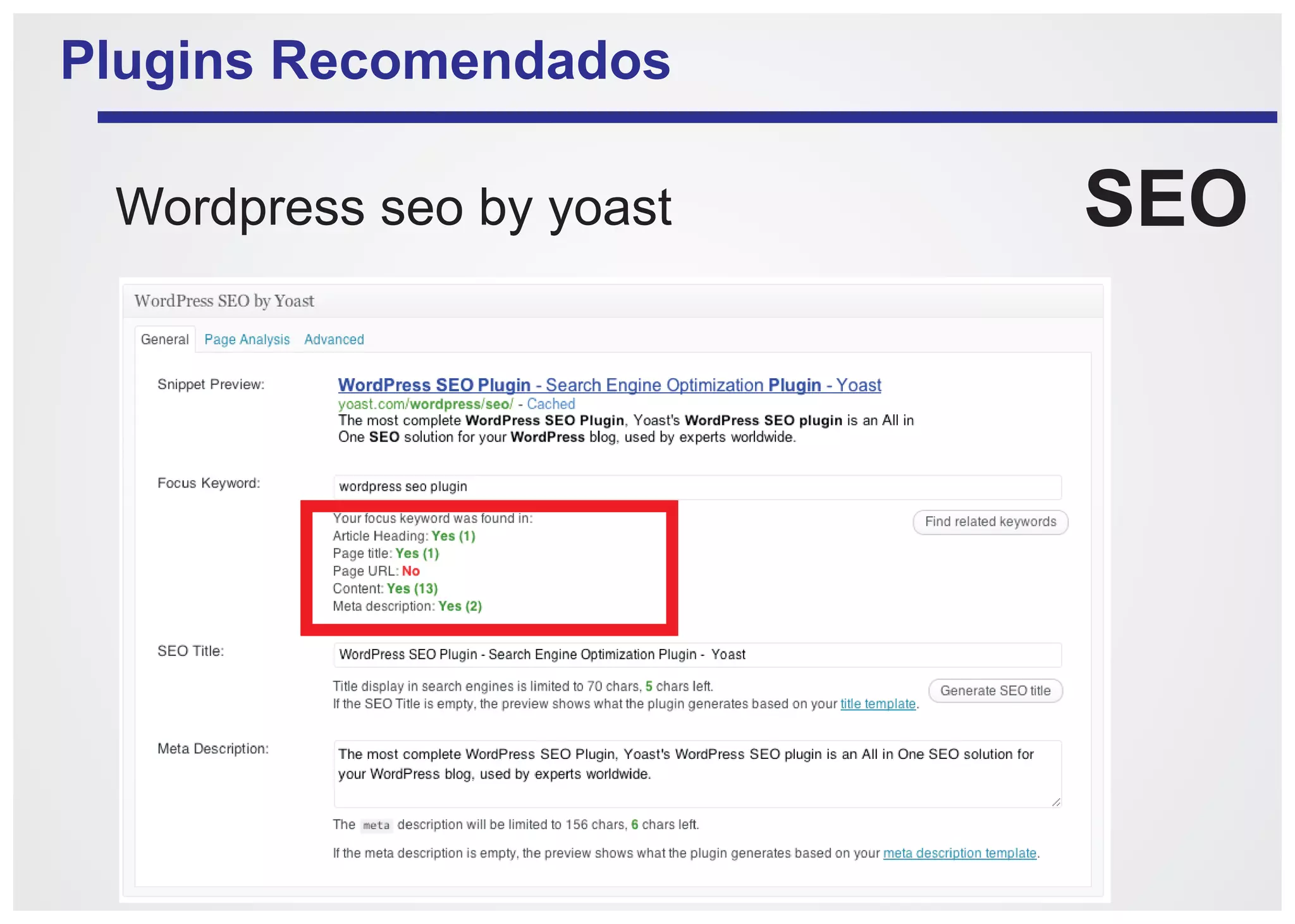 Plugins Recomendados

 Wordpress seo by yoast   SEO
 