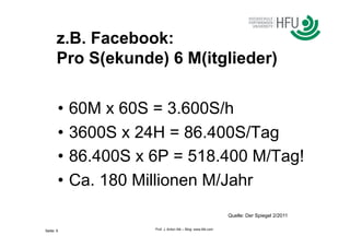 z.B. Facebook:
       Pro S(ekunde) 6 M(itglieder)


       •  60M x 60S = 3.600S/h
       •  3600S x 24H = 86.400S/Tag
       •  86.400S x 6P = 518.400 M/Tag!
       •  Ca. 180 Millionen M/Jahr
                                                                Quelle: Der Spiegel 2/2011

Seite: 5           Prof. J. Anton Illik – Blog: www.illik.com
 