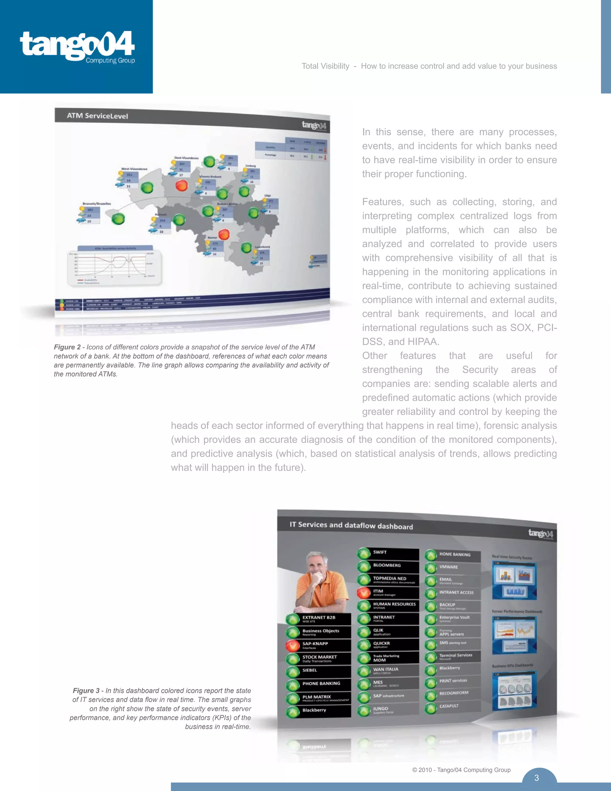 Total Visibility - How to increase control and add value to your business




                                                                                      In this sense, there are many processes,
                                                                                      events, and incidents for which banks need
                                                                                      to have real-time visibility in order to ensure
                                                                                      their proper functioning.

                                                                                            Features, such as collecting, storing, and
                                                                                            interpreting complex centralized logs from
                                                                                            multiple platforms, which can also be
                                                                                            analyzed and correlated to provide users
                                                                                            with comprehensive visibility of all that is
                                                                                            happening in the monitoring applications in
                                                                                            real-time, contribute to achieving sustained
                                                                                            compliance with internal and external audits,
                                                                                            central bank requirements, and local and
                                                                                            international regulations such as SOX, PCI-
Figure 2 - Icons of different colors provide a snapshot of the service level of the ATM
                                                                                            DSS, and HIPAA.
network of a bank. At the bottom of the dashboard, references of what each color means      Other features that are useful for
are permanently available. The line graph allows comparing the availability and activity of
the monitored ATMs.                                                                         strengthening the Security areas of
                                                                                            companies are: sending scalable alerts and
                                                                                            predefined automatic actions (which provide
                                                                                            greater reliability and control by keeping the
                                        heads of each sector informed of everything that happens in real time), forensic analysis
                                        (which provides an accurate diagnosis of the condition of the monitored components),
                                        and predictive analysis (which, based on statistical analysis of trends, allows predicting
                                        what will happen in the future).




     Figure 3 - In this dashboard colored icons report the state
     of IT services and data flow in real time. The small graphs
           on the right show the state of security events, server
    performance, and key performance indicators (KPIs) of the
                                            business in real-time.




                                                                                                    © 2010 - Tango/04 Computing Group
                                                                                                                                        3
 