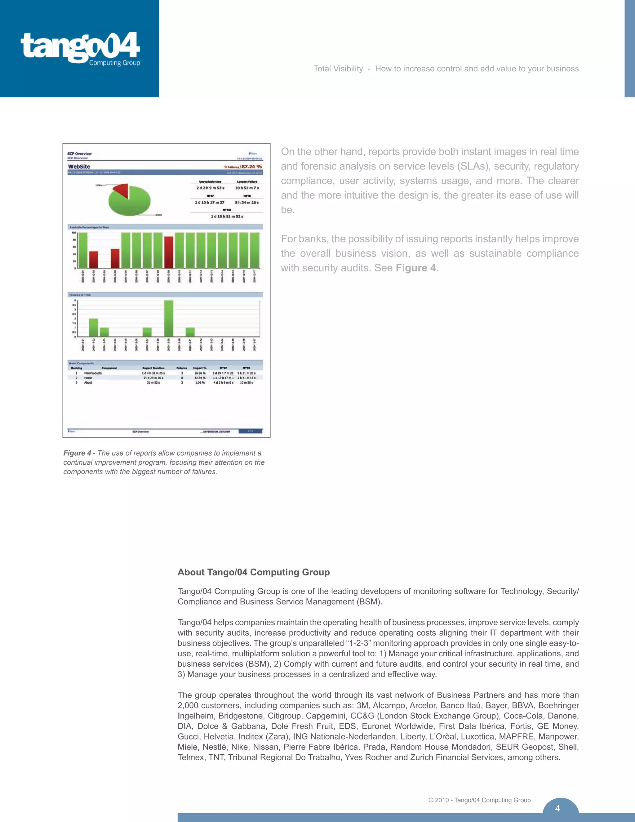 Total Visibility - How to increase control and add value to your business




                                                                 On the other hand, reports provide both instant images in real time
                                                                 and forensic analysis on service levels (SLAs), security, regulatory
                                                                 compliance, user activity, systems usage, and more. The clearer
                                                                 and the more intuitive the design is, the greater its ease of use will
                                                                 be.

                                                                 For banks, the possibility of issuing reports instantly helps improve
                                                                 the overall business vision, as well as sustainable compliance
                                                                 with security audits. See Figure 4.




Figure 4 - The use of reports allow companies to implement a
continual improvement program, focusing their attention on the
components with the biggest number of failures.




                                   About Tango/04 Computing Group

                                   Tango/04 Computing Group is one of the leading developers of monitoring software for Technology, Security/
                                   Compliance and Business Service Management (BSM).

                                   Tango/04 helps companies maintain the operating health of business processes, improve service levels, comply
                                   with security audits, increase productivity and reduce operating costs aligning their IT department with their
                                   business objectives. The group’s unparalleled “1-2-3” monitoring approach provides in only one single easy-to-
                                   use, real-time, multiplatform solution a powerful tool to: 1) Manage your critical infrastructure, applications, and
                                   business services (BSM), 2) Comply with current and future audits, and control your security in real time, and
                                   3) Manage your business processes in a centralized and effective way.

                                   The group operates throughout the world through its vast network of Business Partners and has more than
                                   2,000 customers, including companies such as: 3M, Alcampo, Arcelor, Banco Itaú, Bayer, BBVA, Boehringer
                                   Ingelheim, Bridgestone, Citigroup, Capgemini, CC&G (London Stock Exchange Group), Coca-Cola, Danone,
                                   DIA, Dolce & Gabbana, Dole Fresh Fruit, EDS, Euronet Worldwide, First Data Ibérica, Fortis, GE Money,
                                   Gucci, Helvetia, Inditex (Zara), ING Nationale-Nederlanden, Liberty, L’Orèal, Luxottica, MAPFRE, Manpower,
                                   Miele, Nestlé, Nike, Nissan, Pierre Fabre Ibérica, Prada, Random House Mondadori, SEUR Geopost, Shell,
                                   Telmex, TNT, Tribunal Regional Do Trabalho, Yves Rocher and Zurich Financial Services, among others.




                                                                                                           © 2010 - Tango/04 Computing Group
                                                                                                                                                4
 