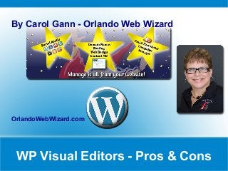 WP Visual Editors - Pros & Cons
By Carol Gann - Orlando Web Wizard
OrlandoWebWizard.com
 