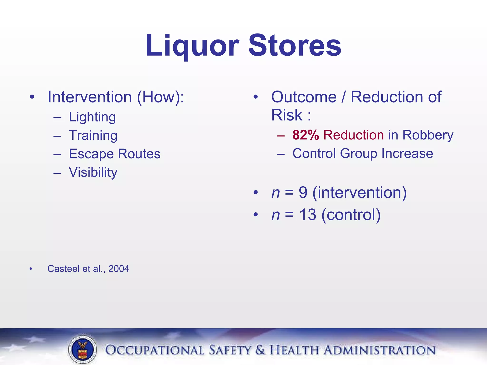 Liquor Stores Intervention (How): Lighting Training Escape Routes Visibility Casteel et al., 2004 Outcome / Reduction of Risk : 82%   Reduction  in Robbery Control Group Increase n  = 9 (intervention) n  = 13 (control) 