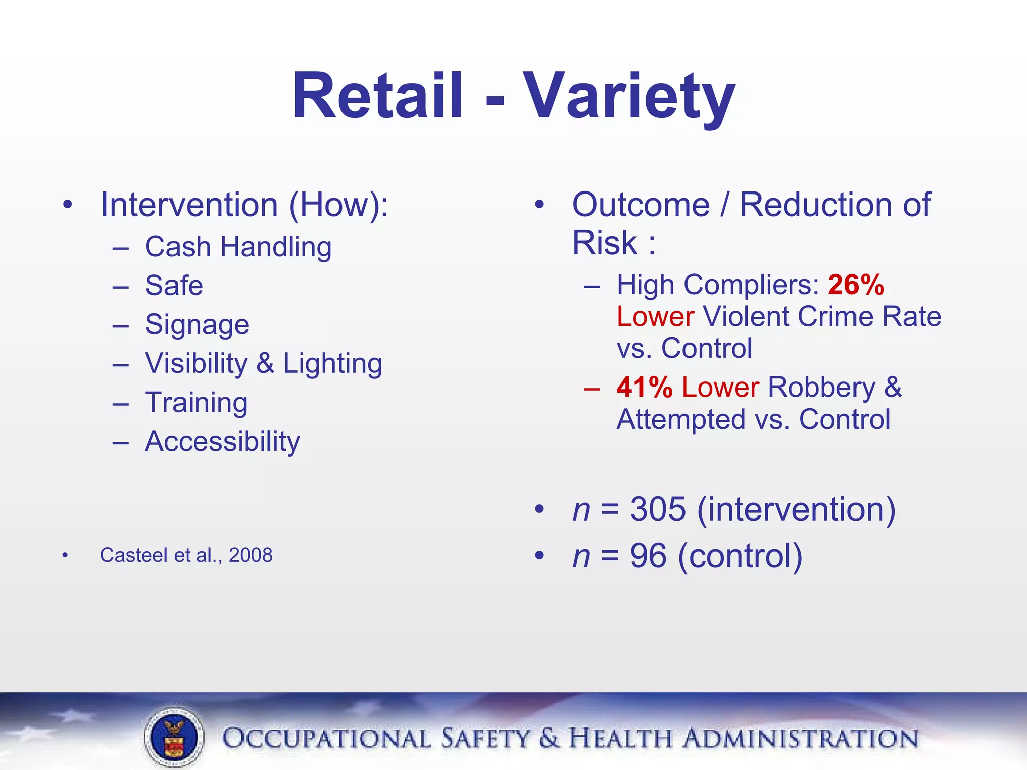 Retail - Variety Intervention (How): Cash Handling Safe Signage Visibility & Lighting Training Accessibility Casteel et al., 2008 Outcome / Reduction of Risk : High Compliers:  26%   Lower  Violent Crime Rate vs. Control 41%   Lower  Robbery & Attempted vs. Control n  = 305 (intervention) n  = 96 (control) 