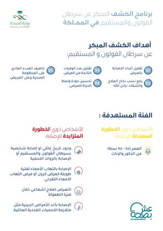 ‫اﻟﻌﻼج‬ ‫ﻧﺠﺎح‬ ‫ﻧﺴﺐ‬ ‫رﻓﻊ‬
-‫ﷲ‬ ‫ﺑﺈذن‬- ‫واﻟﺸﻔﺎء‬
‫اﻹﺻﺎﺑﺔ‬ ‫أﻋﺪاد‬ ‫ﺗﻘﻠﻴﻞ‬
‫ﺑﺎﻟﻤﺮض‬
(‫ﺳﻨﺔ‬ ٧٥ – ٤٥) ‫اﻟﻌﻤﺮ‬
‫واﻹﻧﺎث‬ ‫اﻟﺬﻛﻮر‬ ‫ﻣﻦ‬
‫ﺷﺨﺼﻴﺔ‬ ‫إﺻﺎﺑﺔ‬ ‫او‬ ‫ﻋﺎﺋﻠﻲ‬ ‫ﺗﺎرﻳﺦ‬ ‫وﺟﻮد‬
‫أو‬ ‫واﻟﻤﺴﺘﻘﻴﻢ‬ ‫اﻟﻘﻮﻟﻮن‬ ‫ﺑﺴﺮﻃﺎن‬
‫اﻟﻠﺤﻤﻴﺔ‬ ‫ﺑﺎﻟﺰواﺋﺪ‬ ‫اﻹﺻﺎﺑﺔ‬
‫ﻟﻔﺘﺮة‬ ‫اﻷﻣﻌﺎء‬ ‫ﺑﺎﻟﺘﻬﺎب‬ ‫اﻹﺻﺎﺑﺔ‬
‫اﻟﺘﻬﺎب‬ ‫ﻣﺮض‬ ‫أو‬ ‫ﻛﺮون‬ ‫ﻛﻤﺮض‬ ‫ﻃﻮﻳﻠﺔ‬
‫اﻟﺘﻘﺮﺣﻲ‬ ‫اﻷﻣﻌﺎء‬
‫ﺧﻼل‬ ‫اﺷﻌﺎﻋﻲ‬ ‫ﻟﻌﻼج‬ ‫اﻟﺘﻌﺮض‬
‫اﻟﻄﻔﻮﻟﺔ‬ ‫ﻓﺘﺮة‬
‫ﻣﺜﻞ‬ ‫اﻟﺠﻴﻨﻴﺔ‬ ‫اﻷﻣﺮاض‬ ‫ﺑﺄﺣﺪ‬ ‫اﻹﺻﺎﺑﺔ‬
.‫اﻟﻌﺎﺋﻠﻴﺔ‬ ‫اﻟﻐﺪدﻳﺔ‬ ‫اﻟﻠﺤﻤﻴﺎت‬ ‫ﻣﺘﻼزﻣﺔ‬
‫وﻧﻤﻂ‬ ‫ﺟﻮدة‬ ‫ﺗﺤﺴﻴﻦ‬
.‫ﻟﻠﻤﺮﺿﻰ‬‫اﻟﺤﻴﺎة‬
‫اﻟﻮﻓﻴﺎت‬ ‫ﻋﺪد‬ ‫ﺗﻘﻠﻴﻞ‬
.‫اﻟﻤﺮض‬ ‫ﻣﻦ‬ ‫اﻟﻨﺎﺗﺠﺔ‬
‫ﺳﺮﻃﺎن‬ ‫ﻋﻦ‬ ‫اﻟﻤﺒﻜﺮ‬ ‫اﻟﻜﺸﻒ‬ ‫ﺑﺮﻧﺎﻣﺞ‬
‫اﻟﻤﻤـﻠﻜﺔ‬ ‫ﻓﻲ‬ ‫واﻟﻤﺴﺘﻘﻴﻢ‬ ‫اﻟﻘﻮﻟﻮن‬
‫اﻟﻤﺒﻜﺮ‬ ‫اﻟﻜﺸﻒ‬ ‫أﻫﺪاف‬
:‫اﻟﻤﺴﺘﻘﻴﻢ‬ ‫و‬ ‫اﻟﻘﻮﻟﻮن‬ ‫ﺳﺮﻃﺎن‬ ‫ﻋﻦ‬
01
02
03
05
‫اﻟﻤﺎدي‬ ‫اﻟﻌﺐء‬ ‫ﺗﺨﻔﻴﻒ‬
‫اﻟﻤﻨﻈﻮﻣﺔ‬ ‫ﻋﻠﻰ‬
‫اﻟﻤﺮﻳﺾ‬ ‫وﻋﻠﻰ‬ ‫اﻟﺼﺤﻴﺔ‬
04
: ‫اﻟﻤﺴﺘﻬﺪﻓﺔ‬ ‫اﻟﻔﺌﺔ‬
‫اﻟﺨﻄﻮرة‬ ‫ذوي‬ ‫اﻷﺷﺨﺎص‬
:‫ﻟﻺﺻﺎﺑﺔ‬ ‫اﻟﻤﻌﺘﺪﻟﺔ‬
‫اﻟﺨﻄﻮرة‬ ‫ذوي‬ ‫اﻷﺷﺨﺎص‬
:‫ﻟﻺﺻﺎﺑﺔ‬ ‫اﻟﻤﺘﺰاﻳﺪة‬
 