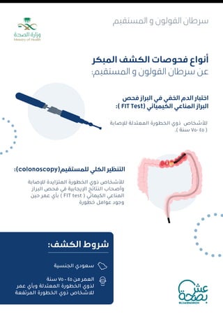 ‫ﻓﺤﺺ‬ ‫اﻟﺒﺮاز‬ ‫ﻓﻲ‬ ‫اﻟﺨﻔﻲ‬ ‫اﻟﺪم‬ ‫اﺧﺘﺒﺎر‬
:( FIT Test) ‫اﻟﻜﻴﻤﻴﺎﺋﻲ‬ ‫اﻟﻤﻨﺎﻋﻲ‬ ‫اﻟﺒﺮاز‬
:(colonoscopy)‫ﻟﻠﻤﺴﺘﻘﻴﻢ‬ ‫اﻟﻜﻠﻲ‬ ‫اﻟﺘﻨﻈﻴﺮ‬
‫اﻟﻤﺒﻜﺮ‬ ‫اﻟﻜﺸﻒ‬ ‫ﻓﺤﻮﺻﺎت‬ ‫أﻧﻮاع‬
:‫اﻟﻤﺴﺘﻘﻴﻢ‬ ‫و‬ ‫اﻟﻘﻮﻟﻮن‬ ‫ﺳﺮﻃﺎن‬ ‫ﻋﻦ‬
‫ﻟﻺﺻﺎﺑﺔ‬ ‫اﻟﻤﻌﺘﺪﻟﺔ‬ ‫اﻟﺨﻄﻮرة‬ ‫ذوي‬ ‫ﻟﻸﺷﺨﺎص‬
.( ‫ﺳﻨﺔ‬ ٧٥- ٤٥ )
‫ﻟﻺﺻﺎﺑﺔ‬ ‫اﻟﻤﺘﺰاﻳﺪة‬ ‫اﻟﺨﻄﻮرة‬ ‫ذوي‬ ‫ﻟﻸﺷﺨﺎص‬
‫اﻟﺒﺮاز‬ ‫ﻓﺤﺺ‬ ‫ﻓﻲ‬ ‫اﻹﻳﺠﺎﺑﻴﺔ‬ ‫اﻟﻨﺘﺎﺋﺞ‬ ‫وأﺻﺤﺎب‬
‫ﺣﻴﻦ‬ ‫ﻋﻤﺮ‬ ‫ﺑﺄي‬ ( FIT test ) ‫اﻟﻜﻴﻤﺎﺋﻲ‬ ‫اﻟﻤﻨﺎﻋﻲ‬
‫ﺧﻄﻮرة‬ ‫ﻋﻮاﻣﻞ‬ ‫وﺟﻮد‬
‫اﻟﻤﺴﺘﻘﻴﻢ‬ ‫و‬ ‫اﻟﻘﻮﻟﻮن‬ ‫ﺳﺮﻃﺎن‬
‫اﻟﺠﻨﺴﻴﺔ‬ ‫ﺳﻌﻮدي‬
‫ﺳﻨﺔ‬ ٧٥ – ٤٥ ‫ﻣﻦ‬ ‫اﻟﻌﻤﺮ‬
‫ﻋﻤﺮ‬ ‫وﺑﺄي‬ ‫اﻟﻤﻌﺘﺪﻟﺔ‬ ‫اﻟﺨﻄﻮرة‬ ‫ﻟﺬوي‬
‫اﻟﻤﺮﺗﻔﻌﺔ‬ ‫اﻟﺨﻄﻮرة‬ ‫ذوي‬ ‫ﻟﻼﺷﺨﺎص‬
:‫اﻟﻜﺸﻒ‬ ‫ﺷﺮوط‬
 