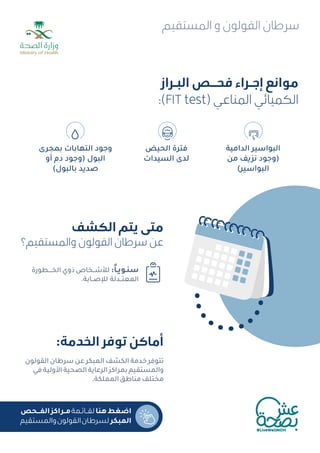 ‫اﻟﺪاﻣﻴﺔ‬ ‫اﻟﺒﻮاﺳﻴﺮ‬
‫ﻣﻦ‬ ‫ﻧﺰﻳﻒ‬ ‫)وﺟﻮد‬
(‫اﻟﺒﻮاﺳﻴﺮ‬
:ً‫ﺳﻨﻮﻳﺎ‬
‫اﻟﺤﻴﺾ‬ ‫ﻓﺘﺮة‬
‫اﻟﺴﻴﺪات‬ ‫ﻟﺪى‬
‫اﻟﺨــــﻄﻮرة‬ ‫ذوي‬ ‫ﻟﻸﺷــﺨﺎص‬ :ً‫ﺎ‬‫ﺳﻨـﻮﻳـ‬
.‫ﻟﻺﺻــﺎﺑﺔ‬ ‫اﻟﻤﻌﺘــﺪﻟﺔ‬
‫اﻟﻘﻮﻟﻮن‬ ‫ﺳﺮﻃﺎن‬ ‫ﻋﻦ‬ ‫اﻟﻤﺒﻜﺮ‬ ‫اﻟﻜﺸﻒ‬ ‫ﺧﺪﻣﺔ‬ ‫ﺗﺘﻮﻓﺮ‬
‫ﻓﻲ‬ ‫اﻷوﻟﻴﺔ‬ ‫اﻟﺼﺤﻴﺔ‬ ‫اﻟﺮﻋﺎﻳﺔ‬ ‫ﺑﻤﺮاﻛﺰ‬ ‫واﻟﻤﺴﺘﻘﻴﻢ‬
.‫اﻟﻤﻤﻠﻜﺔ‬‫ﻣﻨﺎﻃﻖ‬‫ﻣﺨﺘﻠﻒ‬
‫ﺑﻤﺠﺮى‬ ‫اﻟﺘﻬﺎﺑﺎت‬ ‫وﺟﻮد‬
‫أو‬ ‫دم‬ ‫)وﺟﻮد‬ ‫اﻟﺒﻮل‬
(‫ﺑﺎﻟﺒﻮل‬ ‫ﺻﺪﻳﺪ‬
‫اﻟﺒـﺮاز‬ ‫ﻓﺤــﺺ‬ ‫إﺟـﺮاء‬ ‫ﻣﻮاﻧﻊ‬
:(FIT test) ‫اﻟﻤﻨﺎﻋﻲ‬ ‫اﻟﻜﻤﻴﺎﺋﻲ‬
‫اﻟﻜﺸﻒ‬ ‫ﻳﺘﻢ‬ ‫ﻣﺘﻰ‬
‫واﻟﻤﺴﺘﻘﻴﻢ؟‬ ‫اﻟﻘﻮﻟﻮن‬ ‫ﺳﺮﻃﺎن‬ ‫ﻋﻦ‬
:‫اﻟﺨﺪﻣﺔ‬ ‫ﺗﻮﻓﺮ‬ ‫أﻣﺎﻛﻦ‬
‫اﻟﻤﺴﺘﻘﻴﻢ‬ ‫و‬ ‫اﻟﻘﻮﻟﻮن‬ ‫ﺳﺮﻃﺎن‬
‫اﻟﻔـــﺤﺺ‬‫ﻣــﺮاﻛﺰ‬‫ﻟﻘــﺎﺋـﻤﺔ‬‫ﻫﻨﺎ‬‫اﺿﻐﻂ‬
‫واﻟﻤﺴﺘﻘﻴﻢ‬‫اﻟﻘﻮﻟﻮن‬‫ﻟﺴﺮﻃﺎن‬‫اﻟﻤﺒﻜﺮ‬
 