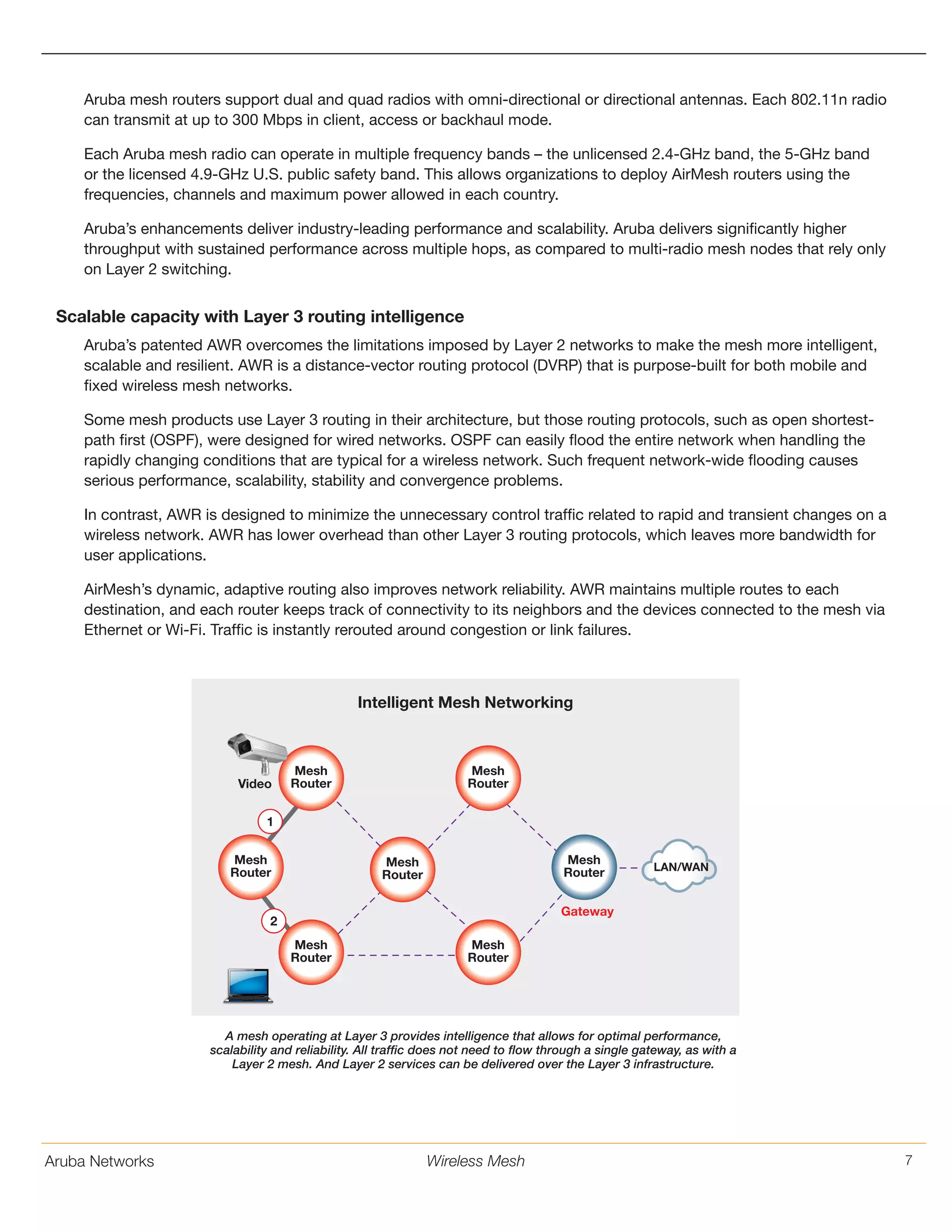 Aruba Networks 7Wireless Mesh
Aruba mesh routers support dual and quad radios with omni-directional or directional antennas. Each 802.11n radio
can transmit at up to 300 Mbps in client, access or backhaul mode.
Each Aruba mesh radio can operate in multiple frequency bands – the unlicensed 2.4-GHz band, the 5-GHz band
or the licensed 4.9-GHz U.S. public safety band. This allows organizations to deploy AirMesh routers using the
frequencies, channels and maximum power allowed in each country.
Aruba’s enhancements deliver industry-leading performance and scalability. Aruba delivers significantly higher
throughput with sustained performance across multiple hops, as compared to multi-radio mesh nodes that rely only
on Layer 2 switching.
Scalable capacity with Layer 3 routing intelligence
Aruba’s patented AWR overcomes the limitations imposed by Layer 2 networks to make the mesh more intelligent,
scalable and resilient. AWR is a distance-vector routing protocol (DVRP) that is purpose-built for both mobile and
fixed wireless mesh networks.
Some mesh products use Layer 3 routing in their architecture, but those routing protocols, such as open shortest-
path first (OSPF), were designed for wired networks. OSPF can easily flood the entire network when handling the
rapidly changing conditions that are typical for a wireless network. Such frequent network-wide flooding causes
serious performance, scalability, stability and convergence problems.
In contrast, AWR is designed to minimize the unnecessary control traffic related to rapid and transient changes on a
wireless network. AWR has lower overhead than other Layer 3 routing protocols, which leaves more bandwidth for
user applications.
AirMesh’s dynamic, adaptive routing also improves network reliability. AWR maintains multiple routes to each
destination, and each router keeps track of connectivity to its neighbors and the devices connected to the mesh via
Ethernet or Wi-Fi. Traffic is instantly rerouted around congestion or link failures.
A mesh operating at Layer 3 provides intelligence that allows for optimal performance,
scalability and reliability. All traffic does not need to flow through a single gateway, as with a
Layer 2 mesh. And Layer 2 services can be delivered over the Layer 3 infrastructure.
Intelligent Mesh Networking
Video
Mesh
Router
1
2
Gateway
LAN/WAN
Mesh
Router
Mesh
Router
Mesh
Router
Mesh
Router
Mesh
Router
Mesh
Router
 
