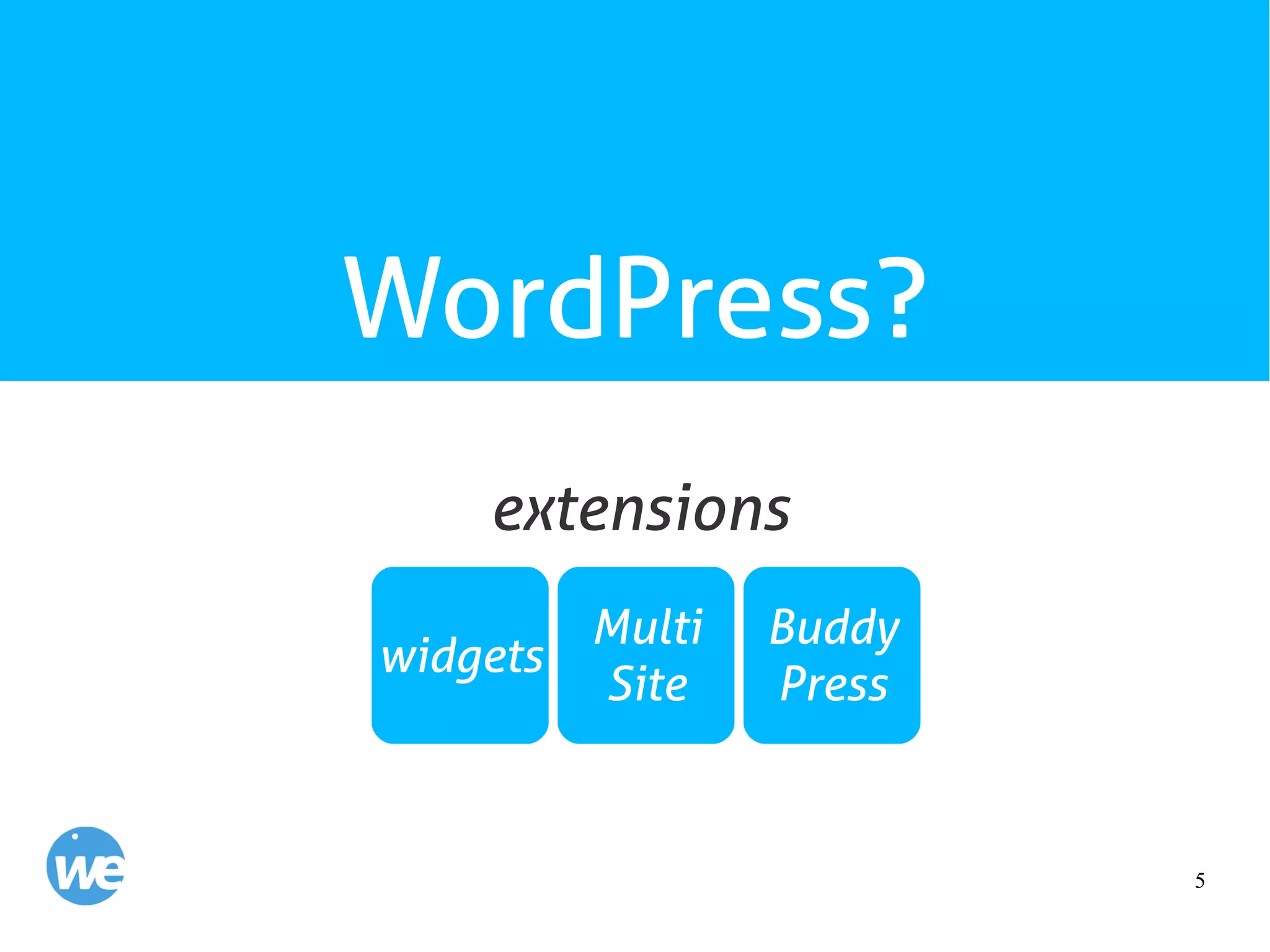 5
WordPress?
widgets
extensions
Multi
Site
Buddy
Press
 