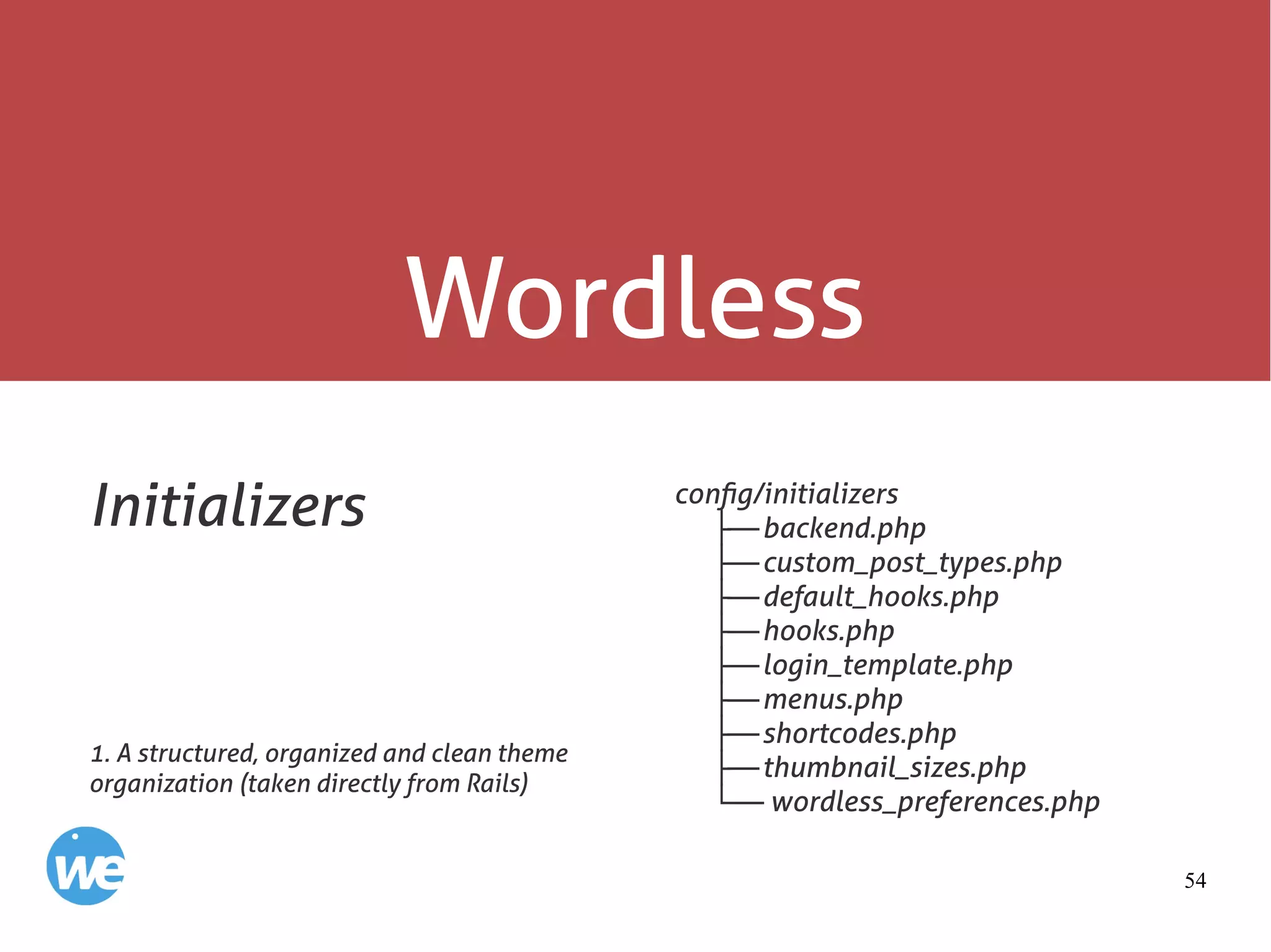 54
Wordless
Initializers config/initializers
├──backend.php
├──custom_post_types.php
├──default_hooks.php
├──hooks.php
├──login_template.php
├──menus.php
├──shortcodes.php
├──thumbnail_sizes.php
└── wordless_preferences.php
1. A structured, organized and clean theme
organization (taken directly from Rails)
 