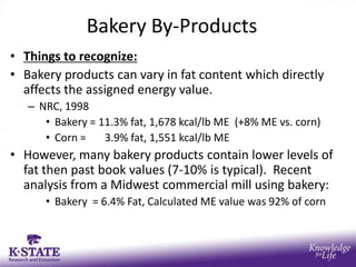 Bakery By-Products
• Things to recognize:
• Bakery products can vary in fat content which directly
  affects the assigned energy value.
   – NRC, 1998
      • Bakery = 11.3% fat, 1,678 kcal/lb ME (+8% ME vs. corn)
      • Corn =    3.9% fat, 1,551 kcal/lb ME
• However, many bakery products contain lower levels of
  fat then past book values (7-10% is typical). Recent
  analysis from a Midwest commercial mill using bakery:
      • Bakery = 6.4% Fat, Calculated ME value was 92% of corn
 