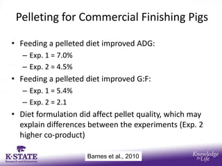 Pelleting for Commercial Finishing Pigs

• Feeding a pelleted diet improved ADG:
   – Exp. 1 = 7.0%
   – Exp. 2 = 4.5%
• Feeding a pelleted diet improved G:F:
   – Exp. 1 = 5.4%
   – Exp. 2 = 2.1
• Diet formulation did affect pellet quality, which may
  explain differences between the experiments (Exp. 2
  higher co-product)

                     Barnes et al., 2010
 