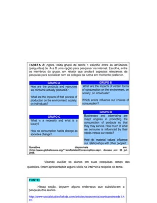 TAREFA 2: Agora, cada grupo da tarefa 1 escolhe entre as atividades
(perguntas) de A a D uma opção para pesquisar na internet. Escolha, entre
os membros do grupo, um relator que anotará aspectos relevantes da
pesquisa para socializar com os colegas da turma em momento posterior.

GRUPO A
How are the products and resources
we consume actually produced?

GRUPO B
What are the impacts of certain forms
of consumption on the environment, on
society, on individuals?

What are the impacts of that process of
production on the environment, society,
on individuals?

Which actors influence our choices of
consumption?

GRUPO C
What is a necessity and what is a
luxury?
How do consumption habits change as
societies change?

GRUPO D
Businesses and advertising are
major engines in promoting the
consumption of products so that
they may survive. How much of what
we consume is influenced by their
needs versus our needs?
How do material values influence
our relationships with other people?

Questões
disponíveis
em:
<http://www.globalissues.org/TradeRelated/Consumption.asp>. Acesso em: 30 jul.
2008.

Visando auxiliar os alunos em suas pesquisas temas das
questões, foram apresentados alguns sítios na internet a respeito do tema.

FONTE:
Nessa seção, seguem alguns endereços que subsidiaram a
pesquisa dos alunos.
http://www.socialstudiesforkids.com/articles/economics/wantsandneeds1.h
tm

 