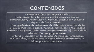CONTENIDOS
- Aproximación a la lengua escrita.


- Acercamiento a la lengua escrita como medio de
comunicación, información y disfrute. Interés por explorar
algunos de sus elementos.


- Uso, gradualmente autónomo, de diferentes soportes de la
lengua escrita como libros, revistas, periódicos, ordenadores,
carteles o etiquetas. Utilización progresivamente ajustada de la
información que proporcionan.


- Interés y atención en la escucha de poesías, narraciones,
explicaciones, instrucciones o descripciones transmitidas o
leídas por otras personas.
 
