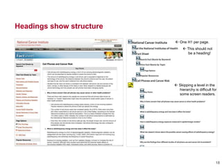 Headings show structure
18
 Skipping a level in the
hierarchy is difficult for
some screen readers.
 One H1 per page.
 This should not
be a heading!
 