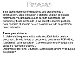 Siga atentamente las indicaciones que presentamos a continuación. Ellas le llevarán a elaborar un plan de estudio sistemático y organizado que le permita comprender los principios y fundamentos de la Webquest y además publicar, para ponerlas al servicio de sus estudiantes y de su profesión como educador. Pasos para elaborar : 1 . Visite el sitio que se indica en la sección inferior de esta Webquest. Este le llevará al documento en formato PDF (52 kb, 12 páginas) para descargar: “Como elaborar una Webquest de calidad o realmente efectiva”. Documento del Portal Eduteka: ¿Cómo elaborar una Webquests de calidad?  Proceso 