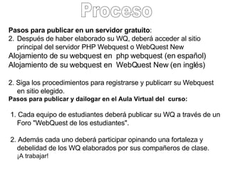 Pasos para publicar en un servidor gratuito : Después de haber elaborado su WQ, deberá acceder al sitio principal del servidor PHP Webquest o WebQuest New Alojamiento de su webquest en  php webquest (en español) Alojamiento de su webquest en  WebQuest New (en inglés)  2. Siga los procedimientos para registrarse y publicarr su Webquest en sitio elegido. Pasos para publicar y dailogar en el Aula Virtual del  curso:     1. Cada equipo de estudiantes deberá publicar su WQ a través de un Foro "WebQuest de los estudiantes".   2. Además cada uno deberá participar opinando una fortaleza y debelidad de los WQ elaborados por sus compañeros de clase. ¡A trabajar! Proceso 