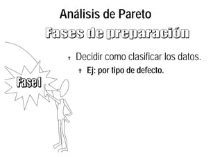 Análisis de Pareto
? Decidir como clasificar los datos.
? Ej: por tipo de defecto.
 