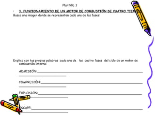 Plantilla 3 3. FUNCIONAMIENTO DE UN MOTOR DE COMBUSTIÓN DE CUATRO TIEMPOS Busca una imagen donde se representen cada una de las fases: Explica con tus propias palabras  cada una de   las  cuatro fases  del ciclo de un motor de combustión interna: ADMISIÓN:_________________________________________________________________________________ COMPRESIÓN:_______________________________________________________________________________ EXPLOSIÓN:_________________________________________________________________________________   ESCAPE:_____________________________________________________________________________________   