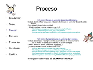 Proceso Introducción Tarea Proceso Recursos Evaluación Conclusión Créditos Actividad 2 :  Partes de un motor de combustión interna Se trata de identificar las partes más características de un motor de combustión interna. Completa el dibujo de la  plantilla 2 ¿Dónde puedo encontrar esta información?: http://deliquios.blogspot.com/search/label/tecnolog%C3%ADa http://es.wikipedia.org/wiki/Ciclo_de_cuatro_tiempos http://tecnobroch.blogspot.com/2009/01/motores-de-combustin-interna.html   Actividad 3 :  Funcionamiento de un motor de 4 tiempos Se trata de conocer y comprender las cuatro fases de funcionamiento  de un motor de combustión interna de cuatro tiempos .  En esta actividad debes completar la  plantilla 3 ¿Dónde puedo encontrar esta información?: http://es.wikipedia.org/wiki/Ciclo_de_cuatro_tiempos http://deliquios.blogspot.com/search/label/tecnolog%C3%ADa http://technorati.com/videos/youtube.com%2Fwatch%3Fv%3DTaihHV4lyNA http://www.youtube.com/watch?v=TaihHV4lyNA&feature=player_embedded http://www.youtube.com/watch?v=V_yRNFkFVcs&feature=player_embedded !No dejes de ver el vídeo del  BEAKMAN´S WORLD ! 