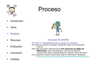 Proceso Introducción Tarea Proceso Recursos Evaluación Conclusión Créditos Actividad DE DISEÑO Actividad 4 :  Funcionamiento de un motor de 4 tiempos Se trata de construir tu propio modelo de motor de combustión interna. Para esta actividad, dispondrás de  tres sesiones de  taller  de  50minutos , pero  recuerda que : antes de la fase de construcción está la de planificación,  !pensar antes de hacer! En el siguiente enlace encontrarás toda la información necesaria:  http://www.cneq.unam.mx/cursos_diplomados/diplomados/basico/educien0607/porta/equipo2/Practicamodelodemotorcombustioninterna.htm 