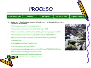 PROCESO
INTRODUCCIÓN                       TAREAS                          PROCESO          EVALUACIÓN      CONCLUSIONES


Para realizar este trabajo tienes que consultar tu libro de texto y las páginas de Internet que a
      continuación te recomiendo:

•    http://www.astromia.com/tierraluna/sedimeta.htm

•    http://www.librosvivos.net/smtc/homeTC.asp?TemaClave=1125

•    http://www.mineraltown.com/infocoleccionar/Como_formacion_rocas_minerales.htm

•    http://www.educa.madrid.org/portal/c/portal/layout?p_l_id=2288.252&c=an

•    http://recursos.cnice.mec.es/biosfera/alumno/2ESO/materiales_terrestres

     /contenidos7.htm

•    http://www.portalciencia.net/geoloroc.html

•    http://edafologia.ugr.es/rocas/index.htm

•    http://salvasanchezcbc.blogspot.com/search/label/Formación%20de%20las%20rocas

     http://salvasanchezcbc.blogspot.com/search/label

     /Recursos%20Minerales%20y%20medio%20ambient

•    http://www.ucm.es/info/diciex/programas/Madrid/indice2.html
 