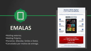 EMALAS
•Mailing externo;
•Mailing Próprio;
•Parceiros (Decolar, Smiles e Dotz);
•Cancelados por motivo de entrega.
 