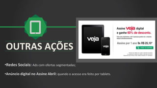 OUTRAS AÇÕES
•Redes Sociais: Ads com ofertas segmentadas;
•Anúncio digital no Assine Abril: quando o acesso era feito por tablets.
 