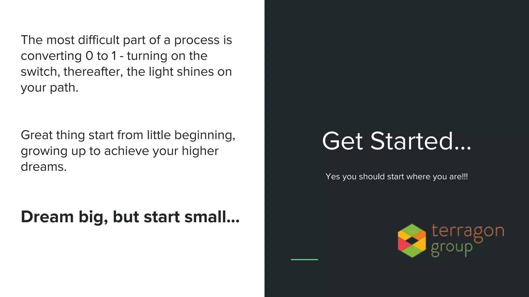 The most difficult part of a process is
converting 0 to 1 - turning on the
switch, thereafter, the light shines on
your path.
Great thing start from little beginning,
growing up to achieve your higher
dreams.
Dream big, but start small...
Get Started…
Yes you should start where you are!!!
 