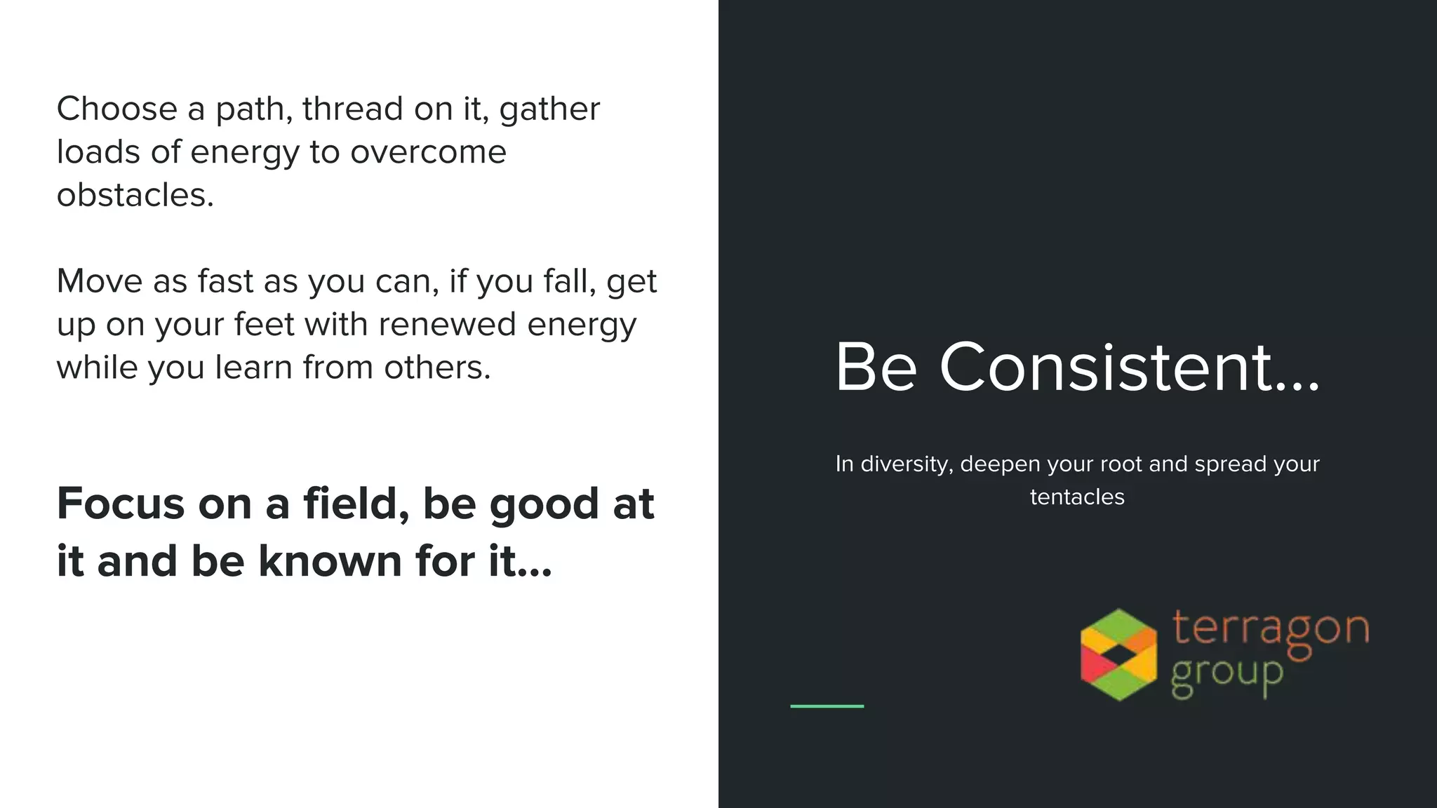 Choose a path, thread on it, gather
loads of energy to overcome
obstacles.
Move as fast as you can, if you fall, get
up on your feet with renewed energy
while you learn from others.
Focus on a field, be good at
it and be known for it...
Be Consistent…
In diversity, deepen your root and spread your
tentacles
 