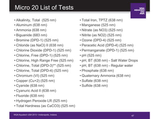 47WQA Aquatech USA 2013 • Indianapolis, Indiana
Micro 20 List of Tests
• Alkalinity, Total (525 nm)
• Aluminum (638 nm)
• Ammonia (638 nm)
• Biguanide (683 nm)
• Bromine (DPD-1) (525 nm)
• Chloride (as NaCl) II (638 nm)
• Chlorine Dioxide (DPD-1) (525 nm)
• Chlorine, Free (DPD-1) (525 nm)
• Chlorine, High Range Free (525 nm)
• Chlorine, Total (DPD-3)** (525 nm)
• Chlorine, Total (DPD-4) (525 nm)
• Chromium (VI) (525 nm)
• Copper (Cu+2) (525 nm)
• Cyanide (638 nm)
• Cyanuric Acid II (638 nm)
• Fluoride (638 nm)
• Hydrogen Peroxide LR (525 nm)
• Total Hardness (as CaCO3) (525 nm)
• Total Iron, TPTZ (638 nm)
• Manganese (525 nm)
• Nitrate (as NO3) (525 nm)
• Nitrite (as NO2) (525 nm)
• Ozone (DPD-4) (525 nm)
• Peracetic Acid (DPD-4) (525 nm)
• Permanganate (DPD-1) (525 nm)
• pH (525 nm)
• pH, BT (638 nm) - Salt Water Drops
• pH, BT (638 nm) - Regular water
• Phosphate (638 nm)
• Quaternary Ammonia (638 nm)
• Sulfate (638 nm)
• Sulfide (638 nm)
 