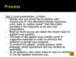 Task 2 (oral presentation: in Pairs)
1. Decide who you would like to partner with.
2. Choose one of “the alternative energy resources;
   wind, solar or nuclear power” that have been
   provided in the resources to do your oral
   presentation.
3. Read as much as you can about the chosen topic to
   support your position.
4. The body of the speech must contain proof or
   supportive materials in order to convince the
   audience to accept your proposal.
5. To present the speech, include posture, body
   language, facial expressions and eye contact as
   essentials.
6. As an audience, take some notes to vote on whether
   or not the speaker convinces you.
 