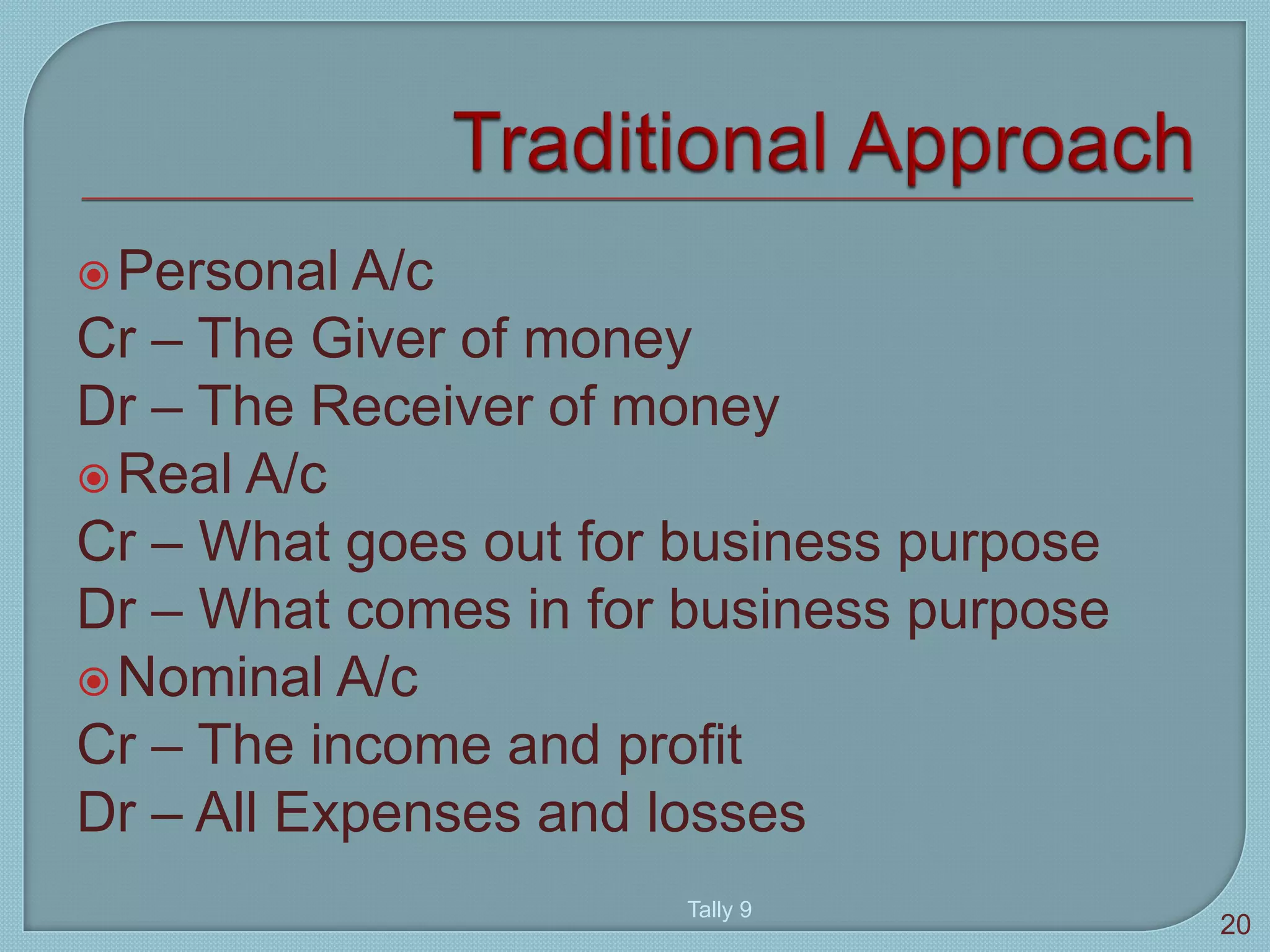 Personal A/c
Cr – The Giver of money
Dr – The Receiver of money
Real A/c
Cr – What goes out for business purpose
Dr – What comes in for business purpose
Nominal A/c
Cr – The income and profit
Dr – All Expenses and losses
Tally 9
20
 