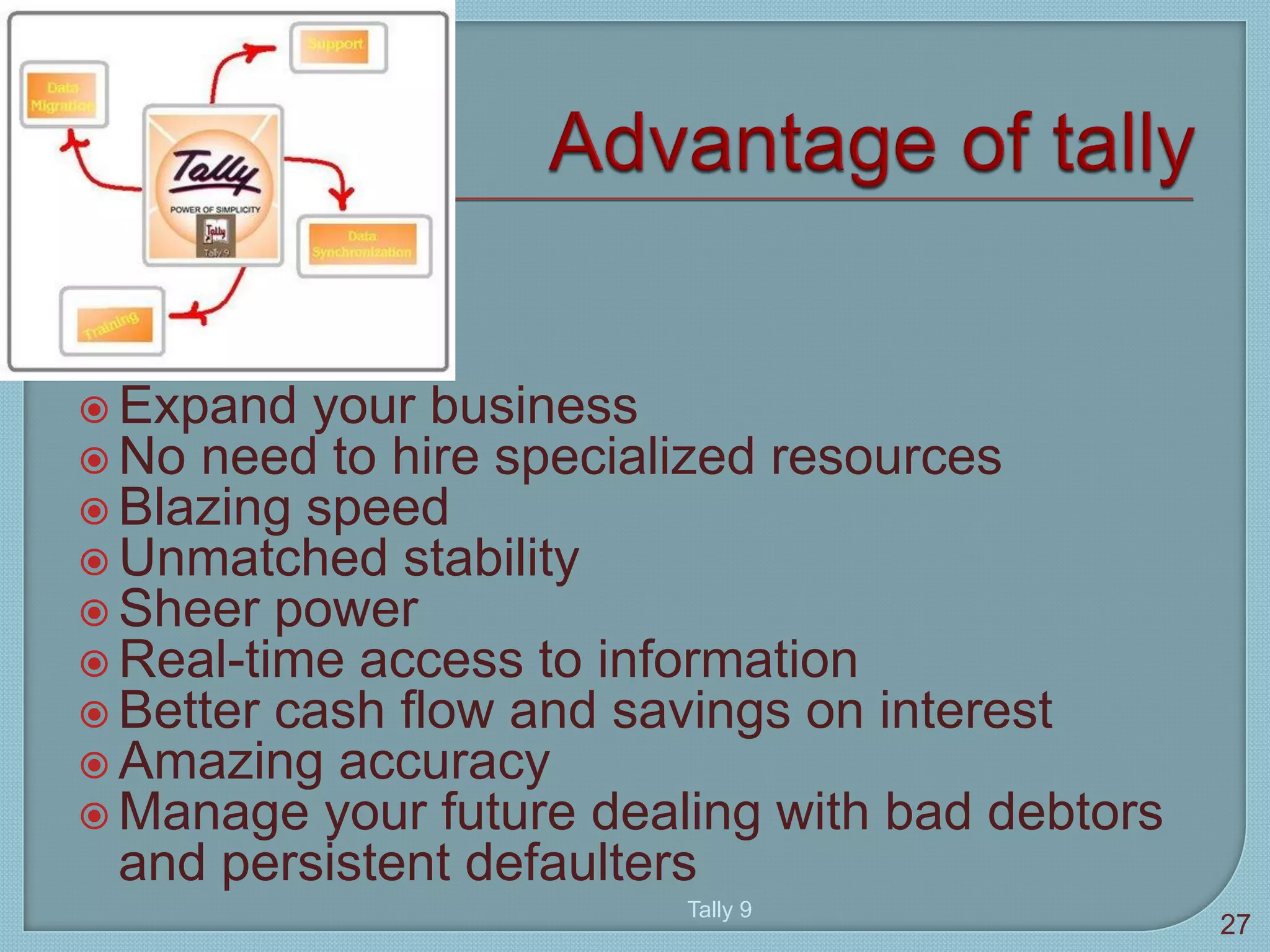  Expand your business
 No need to hire specialized resources
 Blazing speed
 Unmatched stability
 Sheer power
 Real-time access to information
 Better cash flow and savings on interest
 Amazing accuracy
 Manage your future dealing with bad debtors
and persistent defaulters
Tally 9
27
 