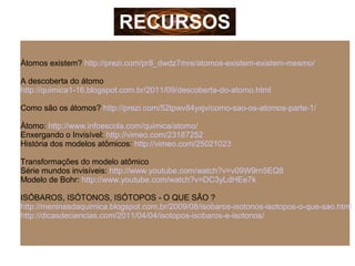 Átomos existem? http://prezi.com/pr8_dwdz7mre/atomos-existem-existem-mesmo/
A descoberta do átomo
http://quimica1-16.blogspot.com.br/2011/09/descoberta-do-atomo.html
Como são os átomos? http://prezi.com/52tpwv84yxjv/como-sao-os-atomos-parte-1/
Átomo: http://www.infoescola.com/quimica/atomo/
Enxergando o Invisível: http://vimeo.com/23187252
História dos modelos atômicos: http://vimeo.com/25021023
Transformações do modelo atômico
Série mundos invisíveis: http://www.youtube.com/watch?v=v09W9rn5EQ8
Modelo de Bohr: http://www.youtube.com/watch?v=DC3yLdHEe7k
ISÓBAROS, ISÓTONOS, ISÓTOPOS - O QUE SÃO ?
http://meninasdaquimica.blogspot.com.br/2009/08/isobaros-isotonos-isotopos-o-que-sao.html
http://dicasdeciencias.com/2011/04/04/isotopos-isobaros-e-isotonos/
RECURSOS
 