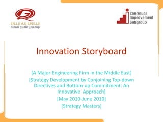 Innovation Storyboard

 [A Major Engineering Firm in the Middle East]
[Strategy Development by Conjoining Top-down
  Directives and Bottom-up Commitment: An
             Innovative Approach]
             [May 2010-June 2010]
               [Strategy Masters]
 