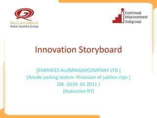 Innovation Storyboard

    [EMIRATES ALUMINIUMCOMPANY LTD ]
[Anode jacking system :Provision of jubliee clips ]
              [08 -2010- 01 2011 ]
                 [Reduction R1]
 
